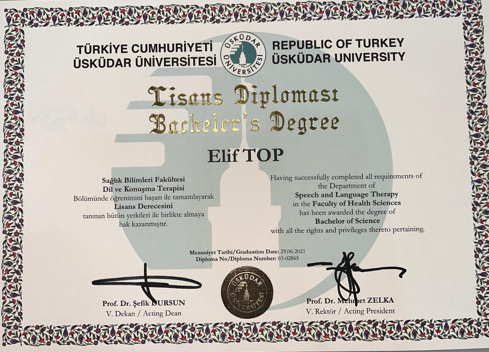 Üsküdar Üniversitesi Dil ve Konuşma Terapisi Lisans Diploması